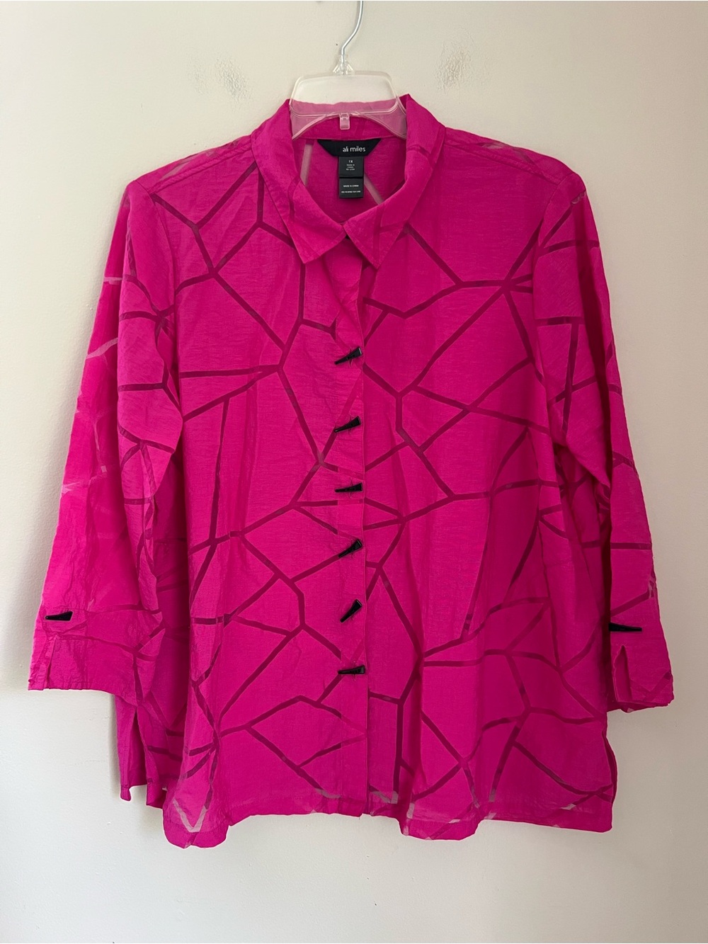 Ali Miles Woven Burnout Button Front Shirt Women’s Plus 1X Pink 3/4 Sleeve Top
